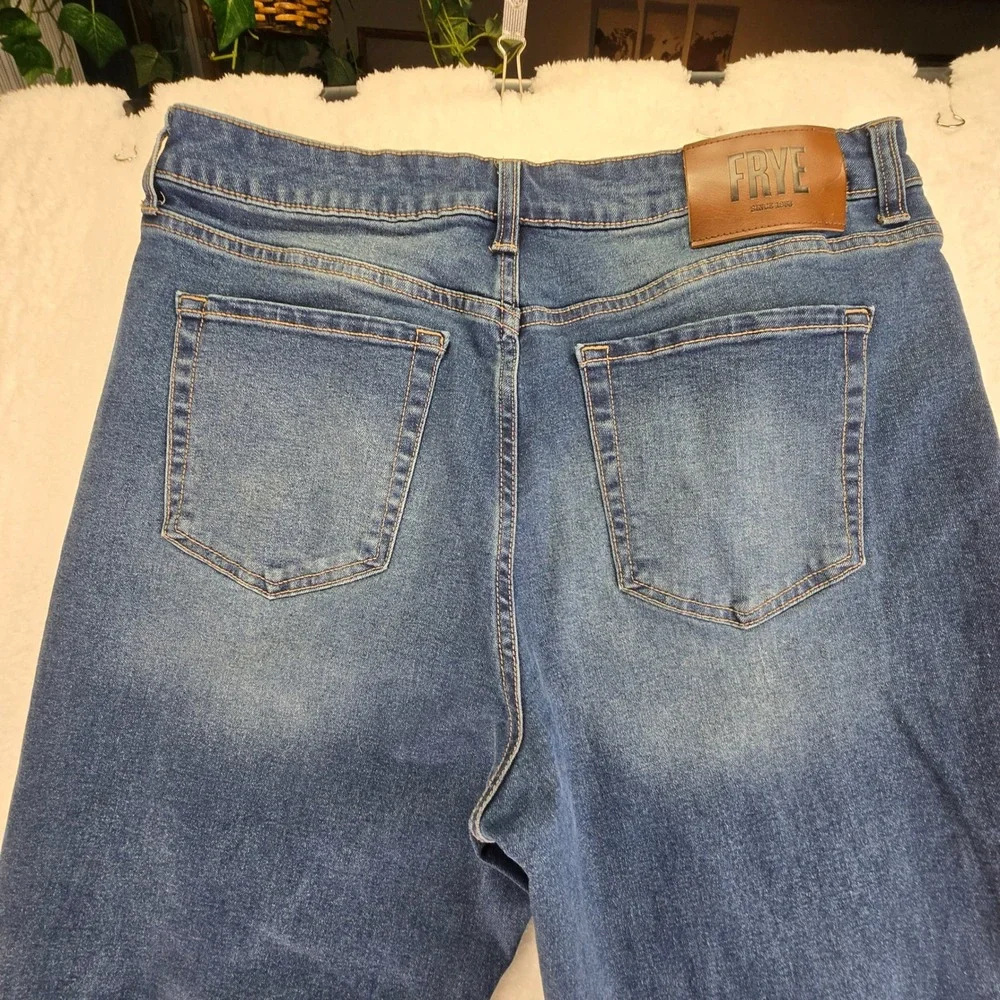 Frye Straight Stretch Womens Jeans Sz‎ 10 33x27 Dark Festival Western Logo Denim